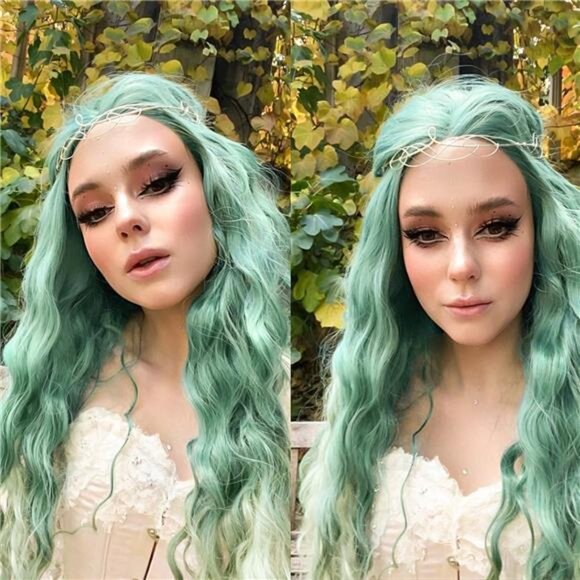 Green Wig Long Wavy Wig For Women Middle Part Wavy Wigs Synthetic Heat Resistant - Picture 2 of 6